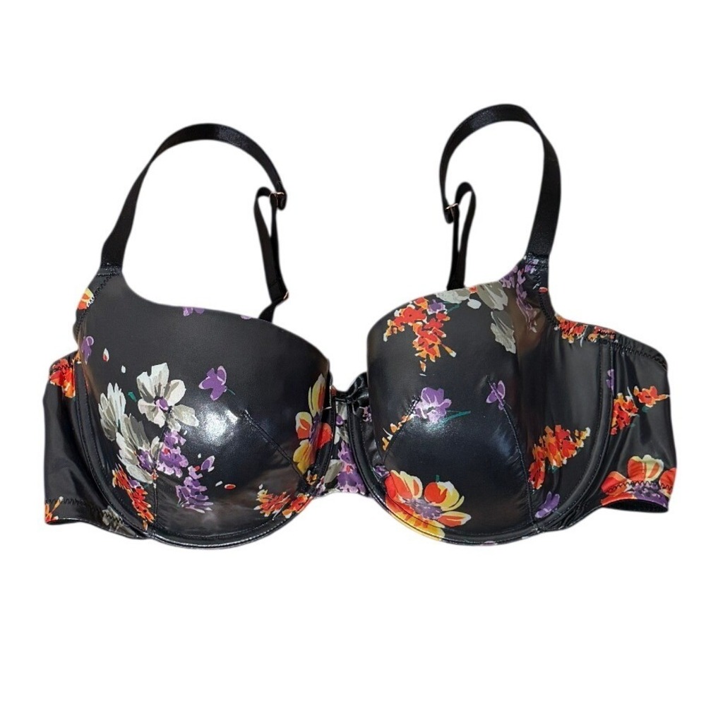 Savage x Fenty Black Floral Print Vinyl Underwire Full Coverage Bra‎ 38DDD